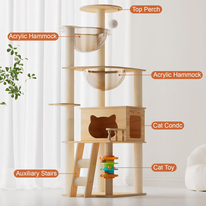 Feature diagram of the 59-inch modern wooden cat tree tower labeling the top perch, dual acrylic hammocks, cat condo, auxiliary stairs, and interactive cat toy