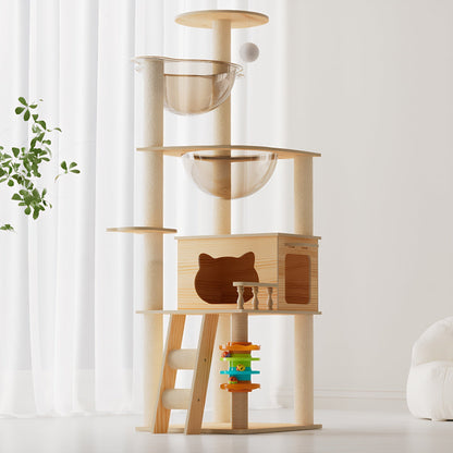 59-inch tall modern wooden cat tree tower with dual clear acrylic capsule hammocks, wooden condo, ladder, and interactive toy in a bright living room near sheer curtains