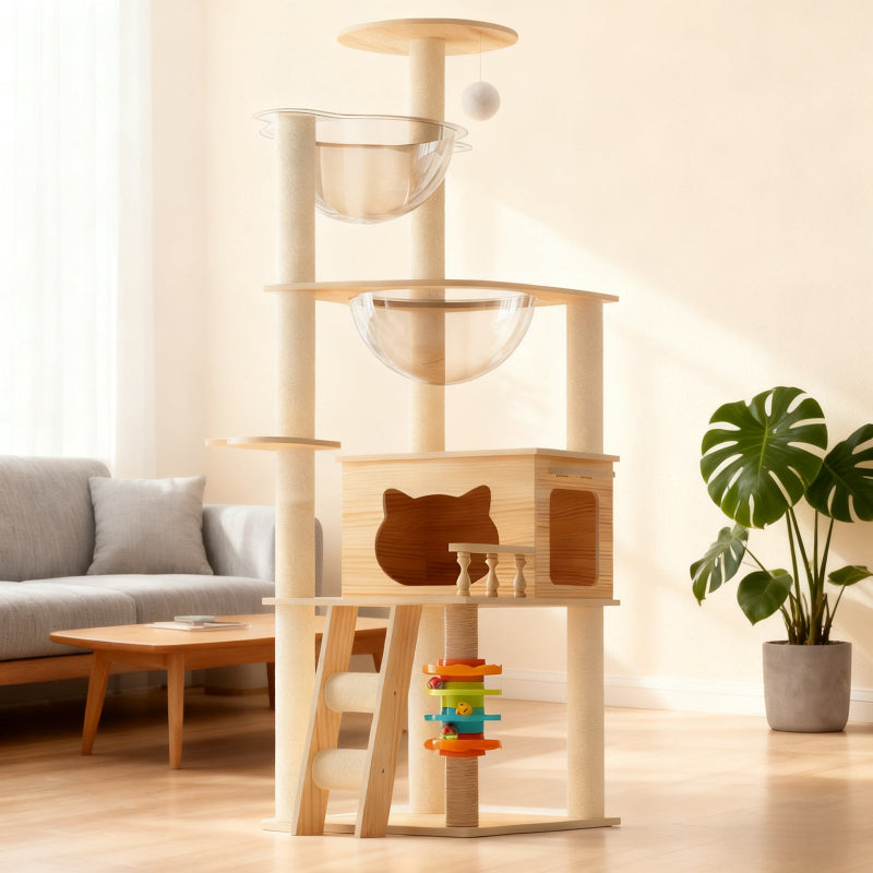 59-inch modern wooden cat tree tower with dual clear acrylic capsule hammocks, cat condo, and toy track placed in a cozy living room next to a potted Monstera plant