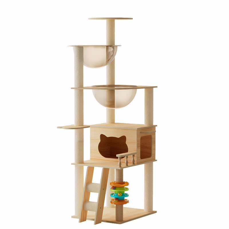 59-inch tall modern wooden cat tree tower featuring dual clear acrylic capsule hammocks, a cat condo, climbing ladder, interactive ball track toy, and sisal scratching posts isolated on white background