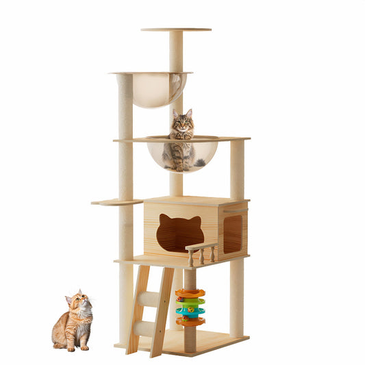 59-inch tall modern wooden cat tree tower with a cat sitting inside the clear acrylic capsule hammock and another cat looking up from the ground on a white background