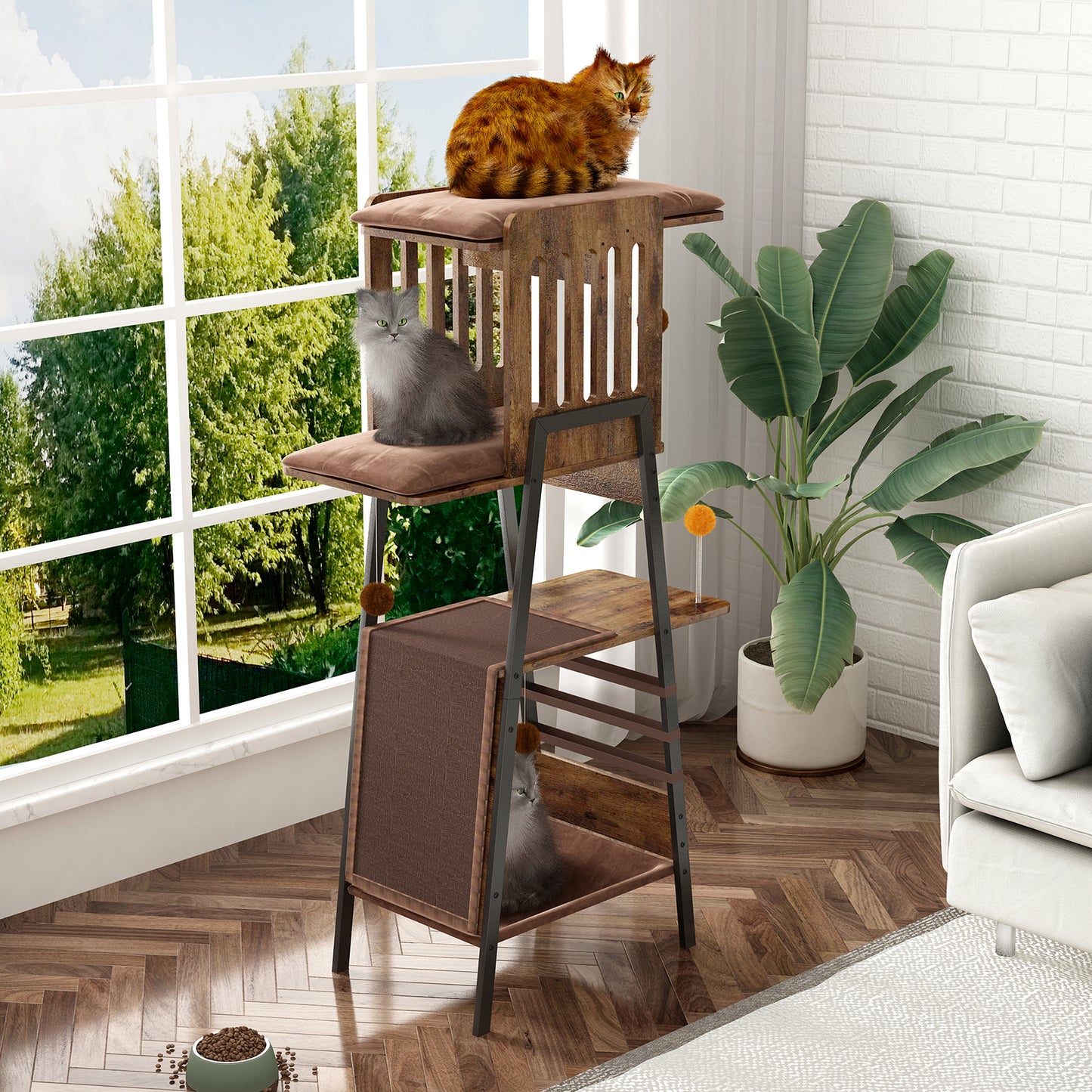 58" Modern Wooden Cat Tree Tower with Scratching Board Cozy Hammock & Large Perch