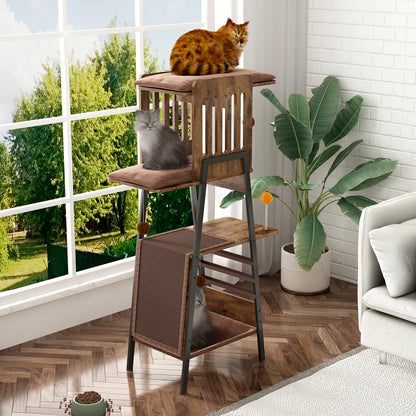58" Modern Wooden Cat Tree Tower with Scratching Board Cozy Hammock & Large Perch