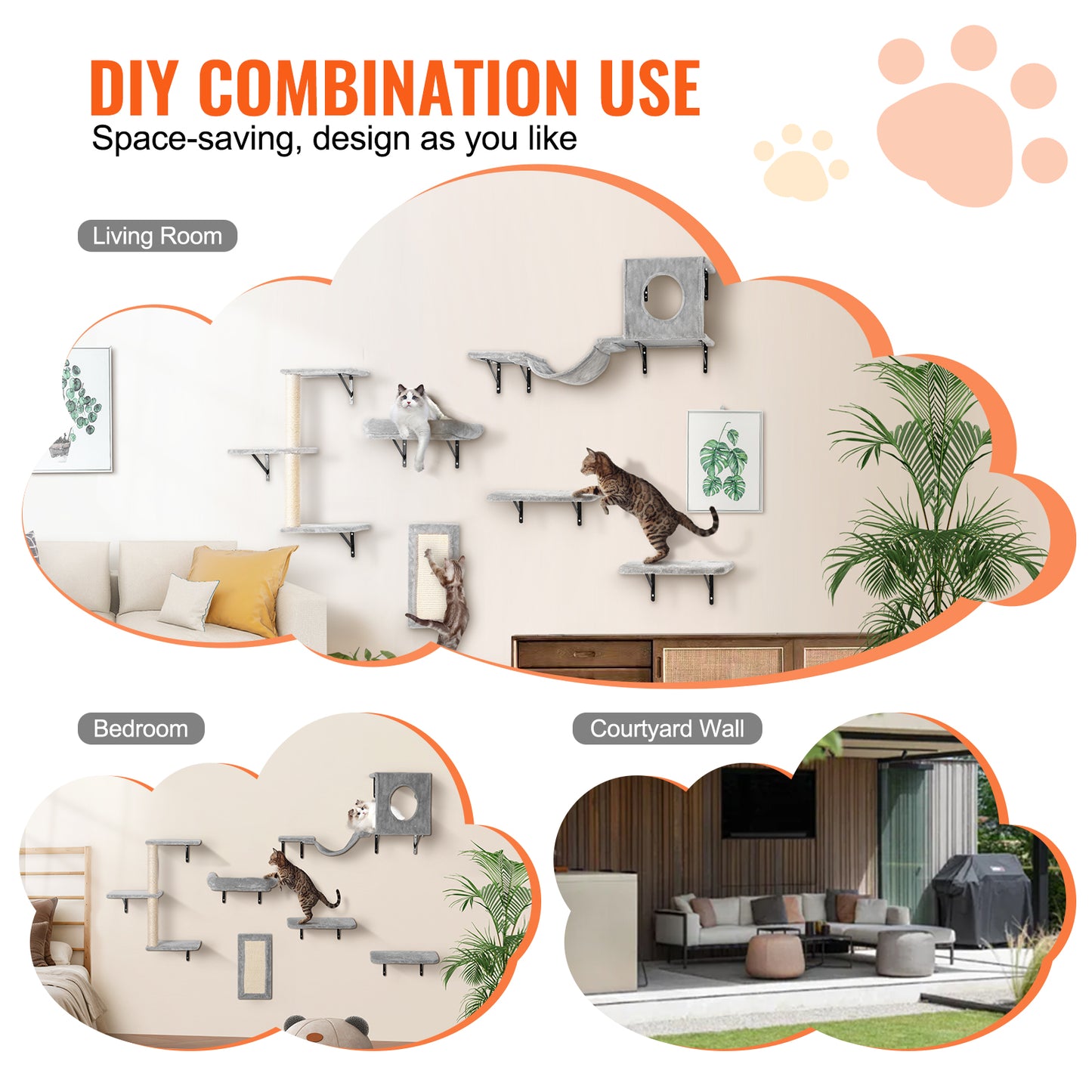 6-Piece Wall Mounted Cat Tree & Shelves Set with Hammock