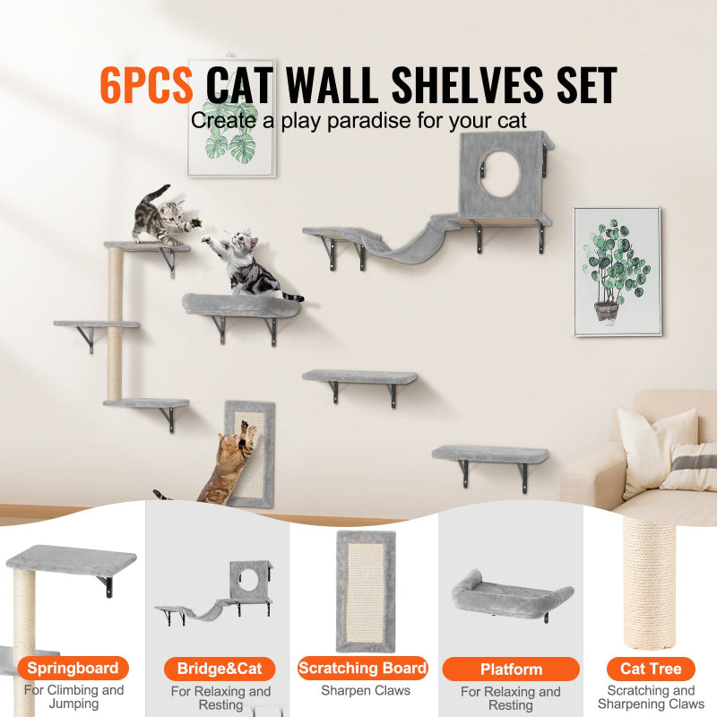 6-piece grey cat wall shelves set infographic showing cats playing on mounted steps, bridge, condo, and scratcher, with component labels at the bottom.