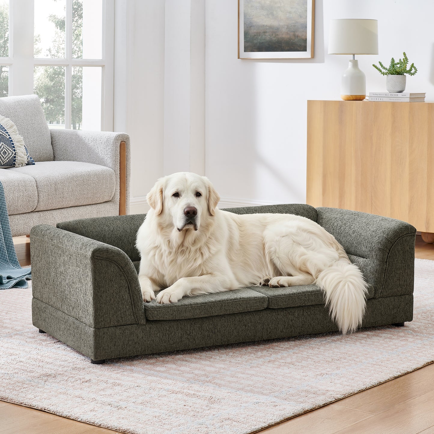 52" Oversized Premium Linen Dog Sofa – Elevated Pet Couch with Curved Armrests & Joint-Supportive Foam for Large & Extra Large Dogs