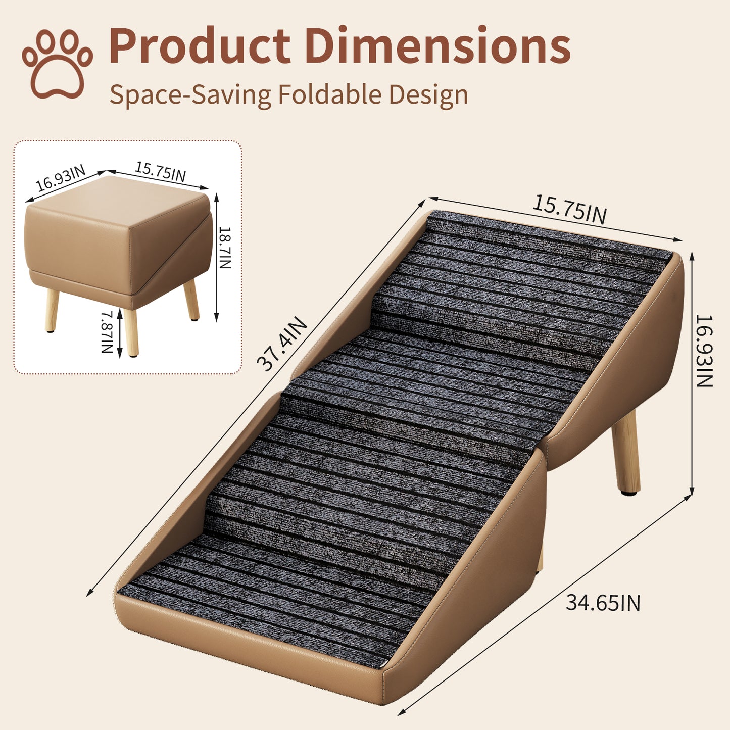 2-in-1 Foldable Pet Steps & Convertible Ottoman – Gradual Slope Wooden Dog Stairs for High Beds & Couches