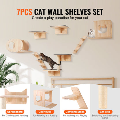 7-piece solid wood cat wall shelves set infographic showing cats climbing wooden steps, bridges, and a cat house, with labeled individual components at the bottom.