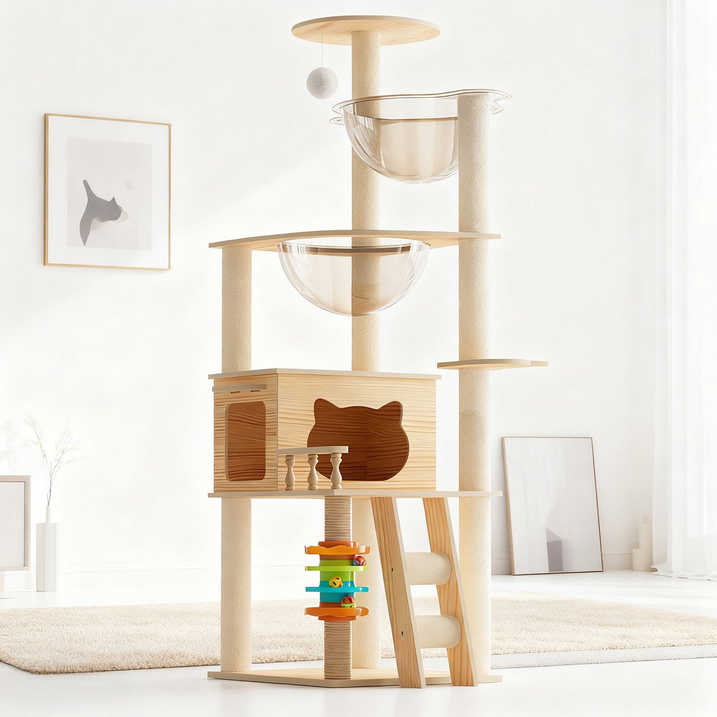 59" Modern Wood Cat Tree Tower with Acrylic Hammock & Perch