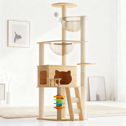 59" Modern Wood Cat Tree Tower with Acrylic Hammock & Perch