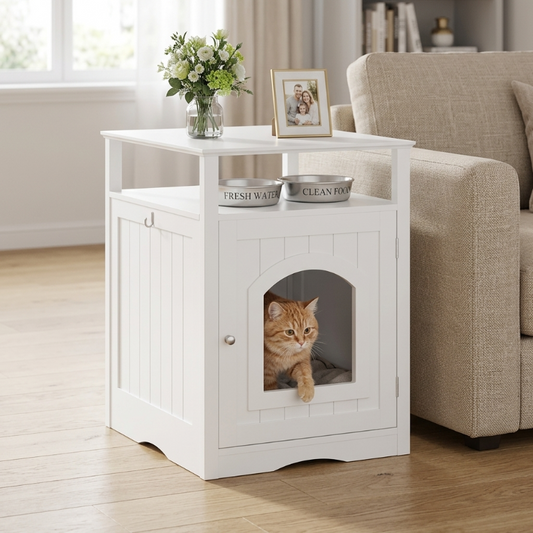 A white wooden end table function as a pet house, featuring an open arched doorway where a ginger cat is stepping out. The middle shelf holds two metal pet bowls, while the top surface is decorated with a vase of white flowers and a framed family photo.