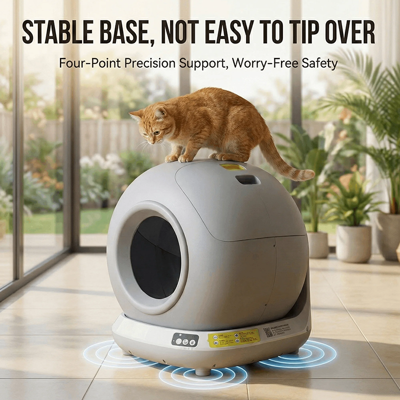 An infographic showing an orange tabby cat standing safely on top of a grey, spherical smart automatic cat litter box. Large text at the top reads "STABLE BASE, NOT EASY TO TIP OVER" with the subtitle "Four-Point Precision Support, Worry-Free Safety." Glowing blue concentric rings encircle each of the four support feet at the base, emphasizing the unit's low center of gravity and stable design.