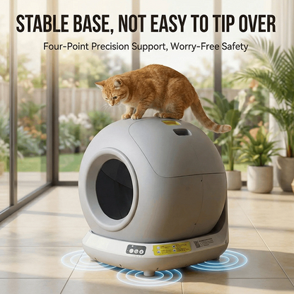 An infographic showing an orange tabby cat standing safely on top of a grey, spherical smart automatic cat litter box. Large text at the top reads "STABLE BASE, NOT EASY TO TIP OVER" with the subtitle "Four-Point Precision Support, Worry-Free Safety." Glowing blue concentric rings encircle each of the four support feet at the base, emphasizing the unit's low center of gravity and stable design.