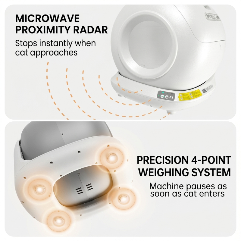 A two-panel infographic illustrating the safety mechanisms of a smart automatic cat litter box. The top panel showcases a "Microwave Proximity Radar" with orange concentric waves, explaining that the device stops instantly when a cat approaches. The bottom panel shows a view of the device's underside with four glowing feet, highlighting a "Precision 4-Point Weighing System" that pauses operation as soon as a cat enters.