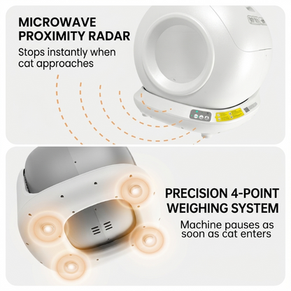 A two-panel infographic illustrating the safety mechanisms of a smart automatic cat litter box. The top panel showcases a "Microwave Proximity Radar" with orange concentric waves, explaining that the device stops instantly when a cat approaches. The bottom panel shows a view of the device's underside with four glowing feet, highlighting a "Precision 4-Point Weighing System" that pauses operation as soon as a cat enters.