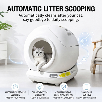 An infographic showing a white, spherical smart automatic cat litter box with a grey cat resting inside the entrance. Large text at the top reads "AUTOMATIC LITTER SCOOPING" and explains that the machine cleans automatically to eliminate manual scooping. Icons along the bottom highlight four key features: "Automatic Post-Use Cleaning," "Closed-System Operation," "Comprehensive Safety Protection," and "Smart App Control."