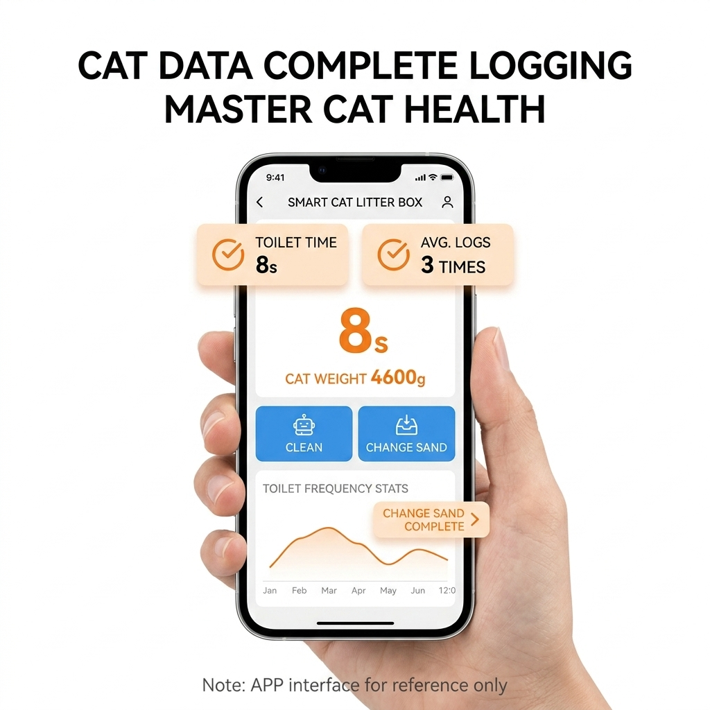 An infographic showing a hand holding a smartphone that displays a cat health tracking app. The screen shows data such as "Toilet Time (8s)," "Avg. Logs (3 times)," and the cat's weight of "4600g." It also features control buttons for "Clean" and "Change Sand," alongside a "Toilet Frequency Stats" line graph tracking monthly trends from January to June.