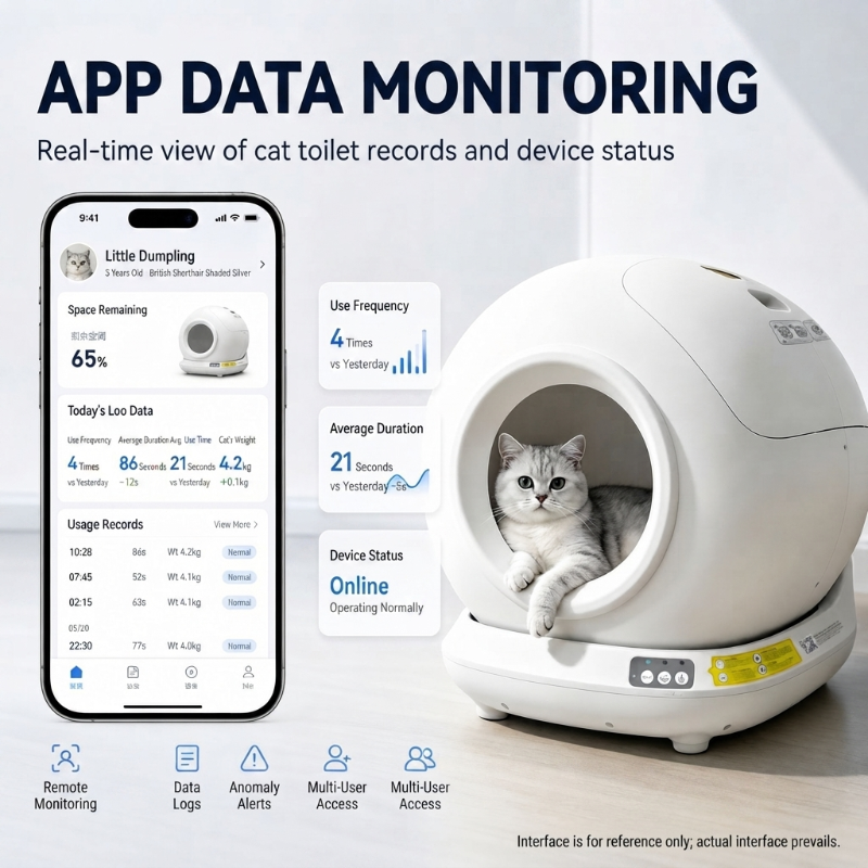 An infographic showing a smartphone interface displaying real-time data from a white, spherical smart cat litter box. The phone screen tracks "Space Remaining (65%)," "Today's Loo Data" (frequency, duration, and cat weight), and historical usage records. Callout boxes highlight "Use Frequency," "Average Duration," and "Device Status: Online," while icons at the bottom indicate features like remote monitoring, data logs, and multi-user access.