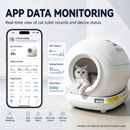 An infographic showing a smartphone interface displaying real-time data from a white, spherical smart cat litter box. The phone screen tracks "Space Remaining (65%)," "Today's Loo Data" (frequency, duration, and cat weight), and historical usage records. Callout boxes highlight "Use Frequency," "Average Duration," and "Device Status: Online," while icons at the bottom indicate features like remote monitoring, data logs, and multi-user access.