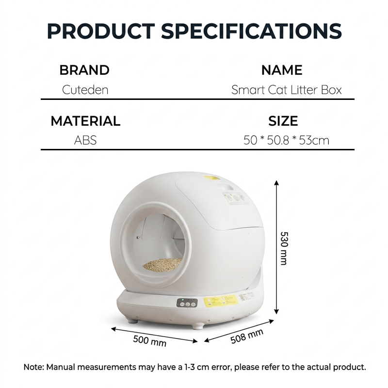 An infographic titled "PRODUCT SPECIFICATIONS" for the Cuteden Smart Cat Litter Box. It lists the brand as Cuteden, the material as ABS, and the overall size as 50 x 50.8 x 53 cm. Below the specs, a diagram of the white, spherical litter box displays its physical dimensions with measurement arrows: a height of 530 mm, a width of 500 mm, and a depth of 508 mm.
