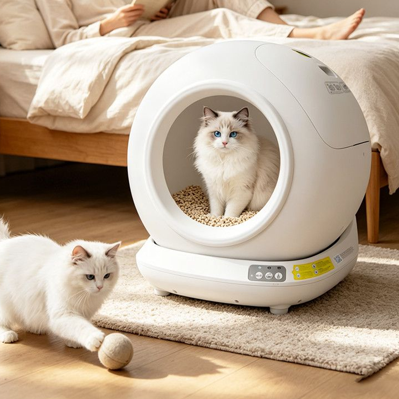 A lifestyle photograph set in a warm, sunny bedroom. A fluffy white Ragdoll cat with bright blue eyes sits inside a white, spherical smart automatic cat litter box filled with pellet litter. In the foreground, another fluffy white cat plays with a toy ball on a light-colored rug, while a person rests in the bed in the background.