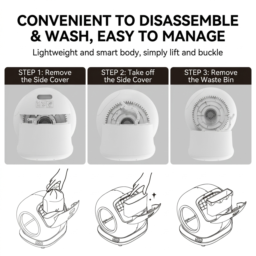 An infographic titled "CONVENIENT TO DISASSEMBLE & WASH, EASY TO MANAGE" outlining a three-step guide. The three columns illustrate: "Step 1: Remove the Side Cover," "Step 2: Take off the Side Cover," and "Step 3: Remove the Waste Bin." Below these steps, simple black-and-white line drawings demonstrate how to tie and lift the internal waste bag and slide out the waste compartment drawer.