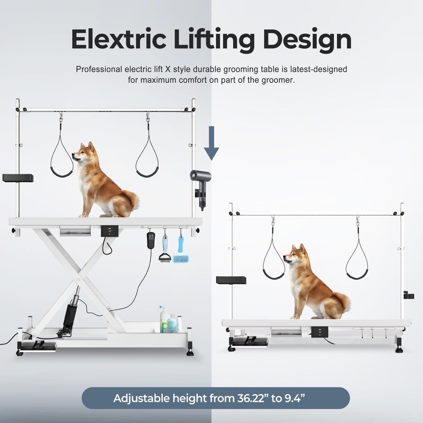 Electric Lift Pet Dog Grooming Table, Upgrade 50 Inch Heavy Duty 9'' -36'' Adjustable Height Professional Pet Grooming Table with Tool Organizer, Adjustable Overhead Arm for Large Dogs at Home