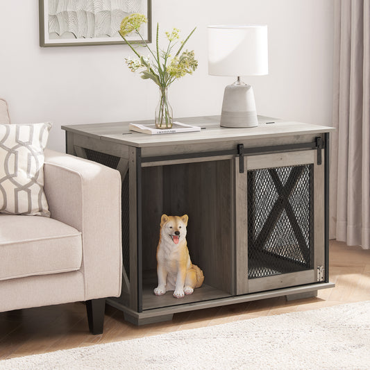 Farmhouse Dog Cage Crate Furniture with Sliding Barn Door,  Farmhouse Wooden Dog Kennel End Table with Flip-top Plate Dog House with Detachable Divider