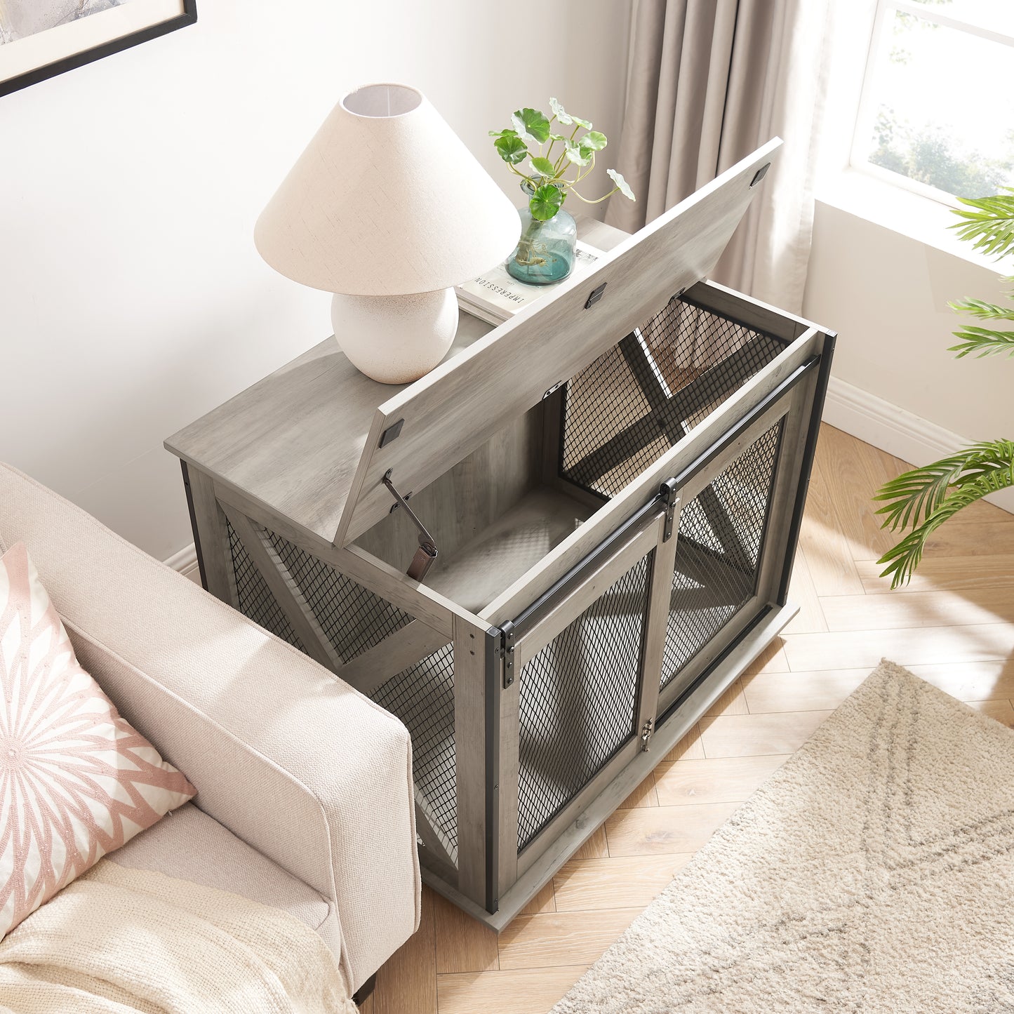 Farmhouse Dog Cage Crate Furniture with Sliding Barn Door,  Farmhouse Wooden Dog Kennel End Table with Flip-top Plate Dog House with Detachable Divider