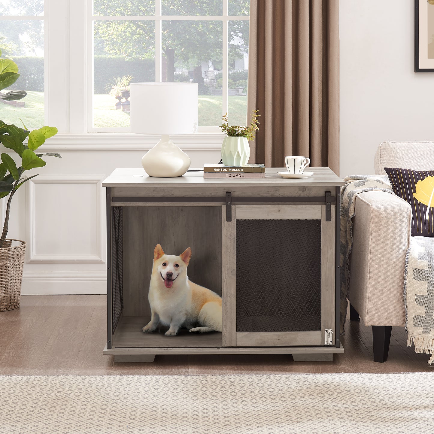 Farmhouse Dog Cage Crate Furniture with Sliding Barn Door,  Farmhouse Wooden Dog Kennel End Table with Flip-top Plate Dog House with Detachable Divider