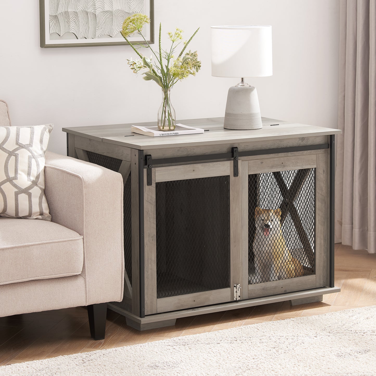 Farmhouse Dog Cage Crate Furniture with Sliding Barn Door,  Farmhouse Wooden Dog Kennel End Table with Flip-top Plate Dog House with Detachable Divider