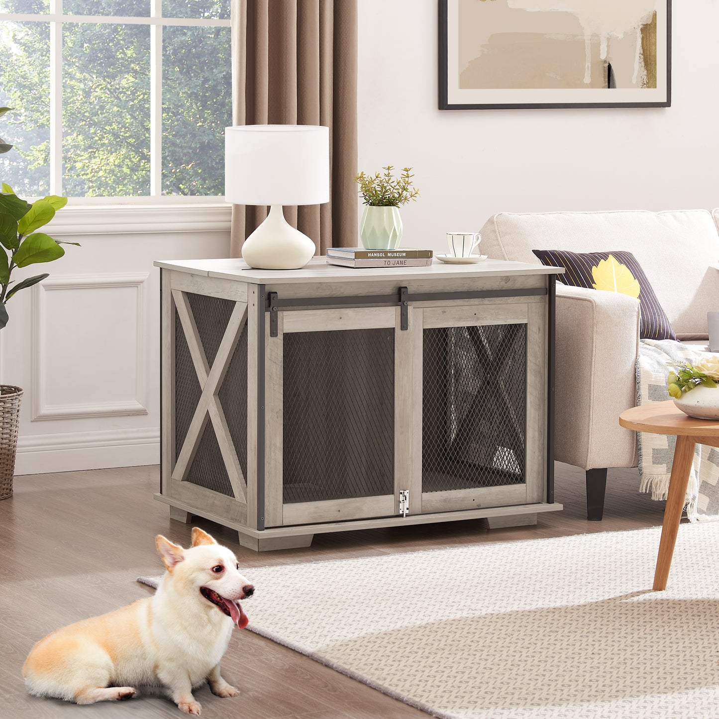 Farmhouse Dog Cage Crate Furniture with Sliding Barn Door,  Farmhouse Wooden Dog Kennel End Table with Flip-top Plate Dog House with Detachable Divider