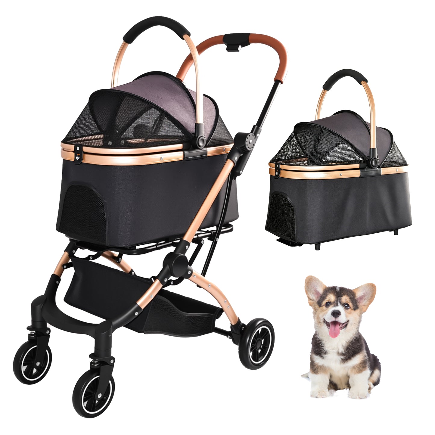 2-in-1 Detachable Pet Stroller for Dogs & Cats – Foldable 4-Wheel Carrier with Sun Canopy & Storage