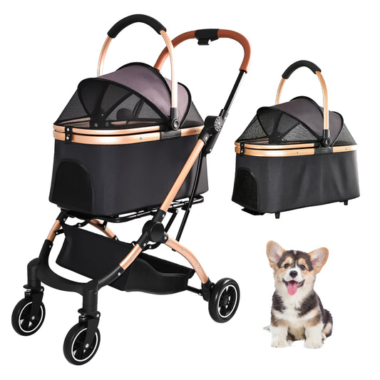 2-in-1 Detachable Pet Stroller for Dogs & Cats – Foldable 4-Wheel Carrier with Sun Canopy & Storage