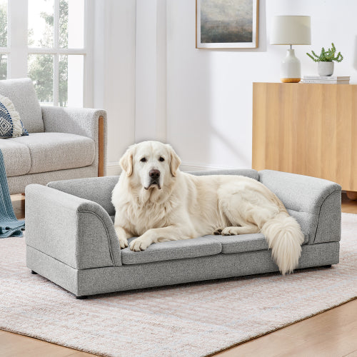 52" Oversized Premium Linen Dog Sofa – Elevated Pet Couch with Curved Armrests & Joint-Supportive Foam for Large & Extra Large Dogs