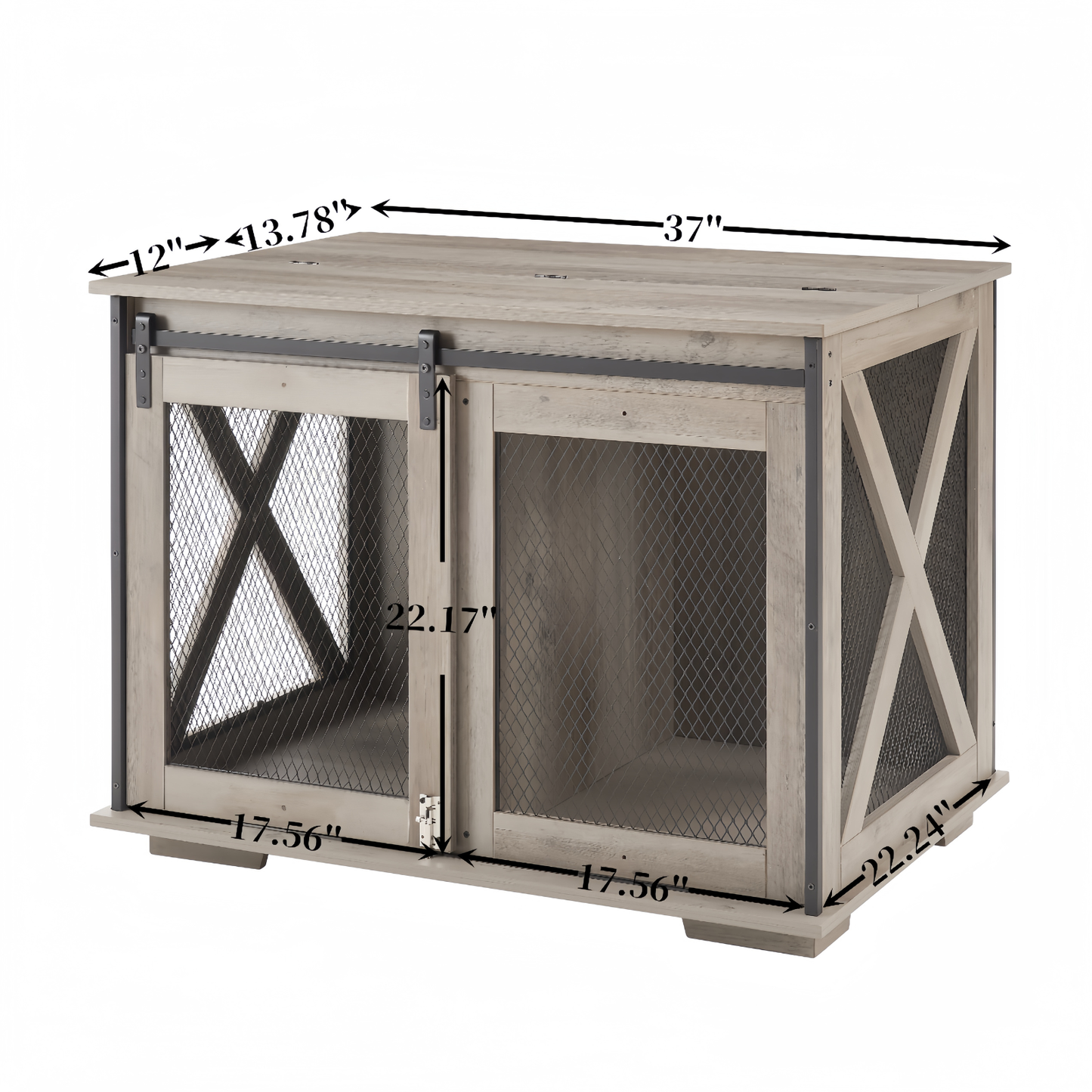 Farmhouse Dog Cage Crate Furniture with Sliding Barn Door,  Farmhouse Wooden Dog Kennel End Table with Flip-top Plate Dog House with Detachable Divider