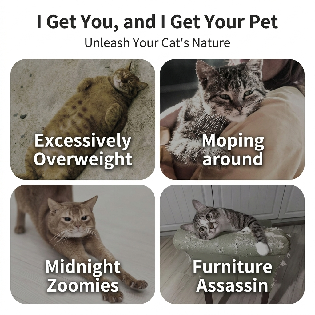 Infographic highlighting common cat behavior challenges including overweight cats, moping around, midnight zoomies, and furniture scratching, showing why a cat exercise wheel is needed