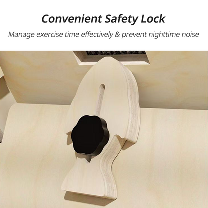 Close-up view of the fish-shaped wooden safety lock with a black adjustment knob on the base of the cat exercise wheel