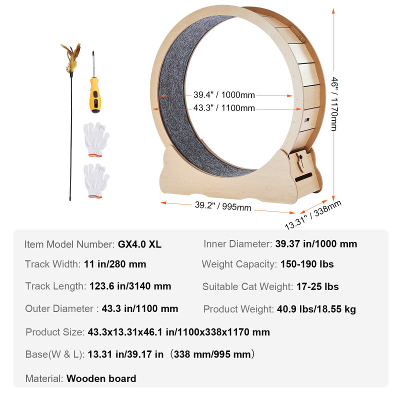 Dimension diagram and specification table for the GX4.0 XL wooden cat exercise wheel showing product height of 46 inches, inner diameter of 39.37 inches, outer diameter of 43.3 inches, and detailed specs