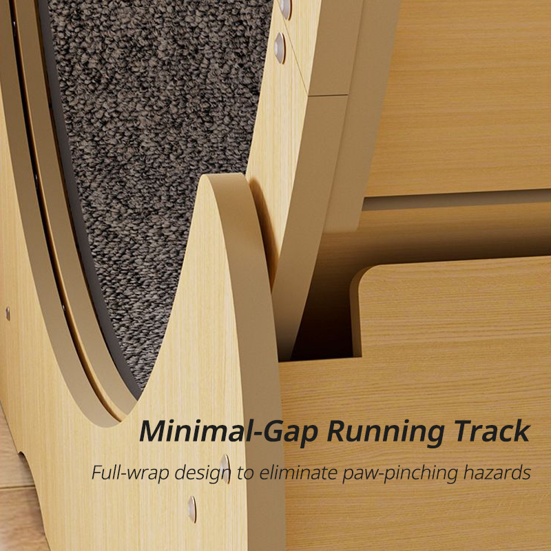 Close-up view of the cat exercise wheel showing the minimal-gap running track and full-wrap wooden frame designed to prevent paw pinching