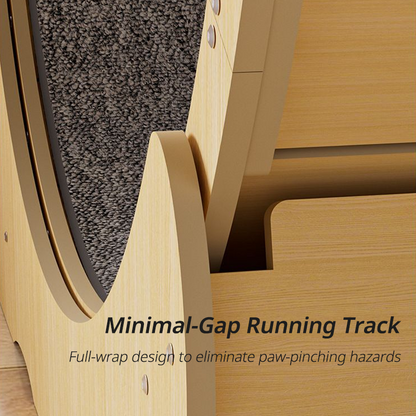 Close-up view of the cat exercise wheel showing the minimal-gap running track and full-wrap wooden frame designed to prevent paw pinching
