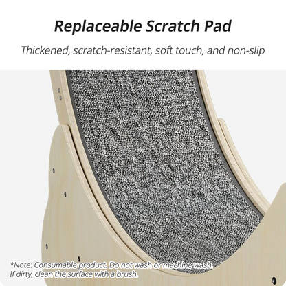 Close-up view of the inner running track on a wooden cat exercise wheel, showcasing the thickened and replaceable dark grey scratch pad mat