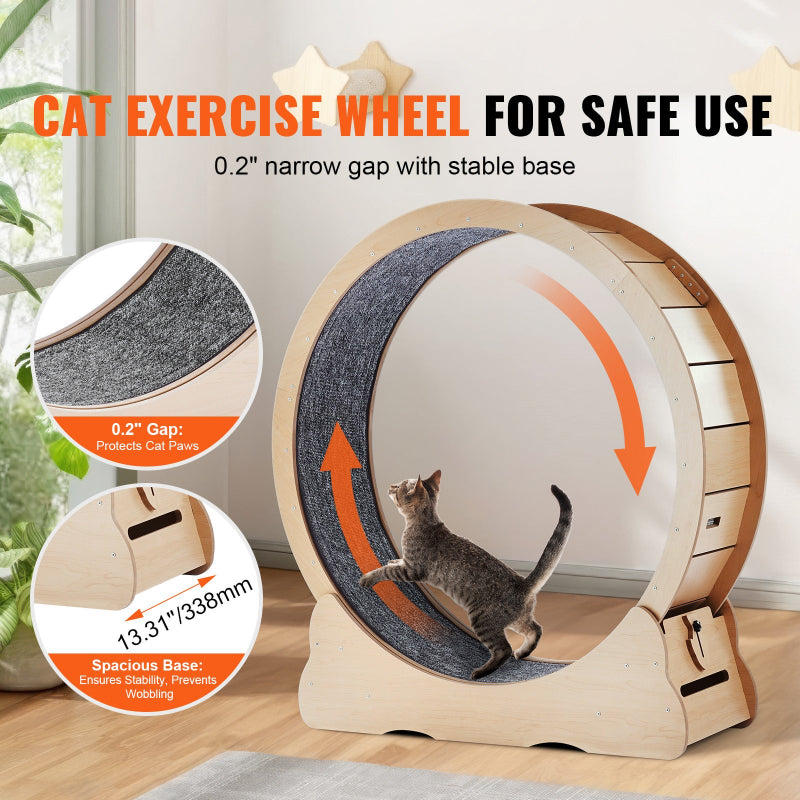 Product infographic for a wooden cat exercise wheel highlighting safety features including a 0.2 inch paw-safe gap and a 13.31 inch wide stable base to prevent wobbling
