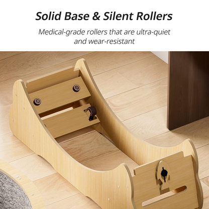Close-up of the solid wooden base for a cat exercise wheel showcasing medical-grade silent rollers and built-in safety lock mechanism