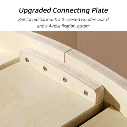 Close-up view of the upgraded connecting plate on a wooden cat exercise wheel, showing a thickened wooden board reinforced with a 4-hole fixation system