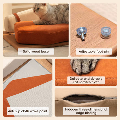 A product collage showcasing features of a cat sofa bed, including solid wood base, adjustable foot pins, anti-slip bottom fabric, scratch-resistant cloth, and a hidden zipper.