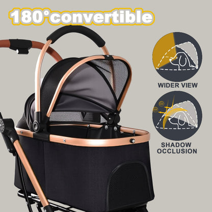 Close-up of a cat stroller featuring a 180° convertible sunshade canopy with mesh windows for UV protection and wider view.