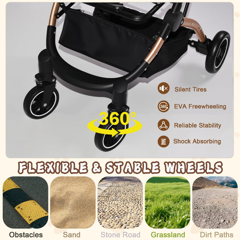 Close-up of cat stroller 360-degree swivel wheels with shock absorption and silent EVA tires, suitable for various terrains like grass, sand, and stone roads.