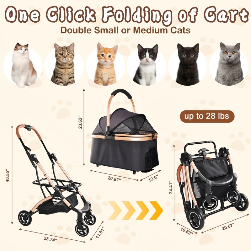 Size chart showing dimensions for a cat stroller including the frame, detachable basket carrier, folded state, and 28 lbs weight capacity for small to medium cats.