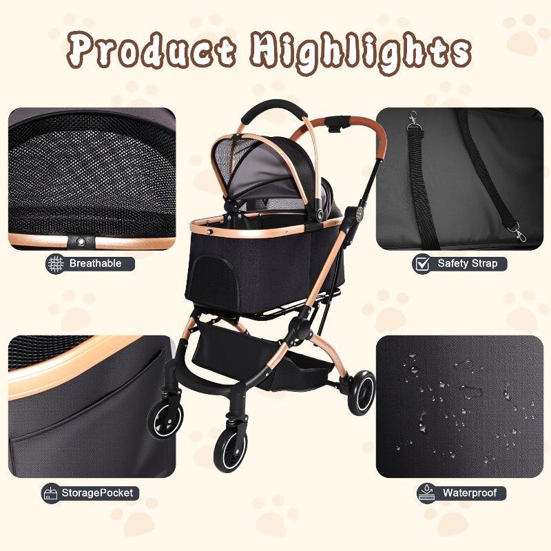 Product highlights graphic for a cat stroller showing breathable mesh, built-in safety tether straps, side storage pocket, and waterproof fabric.